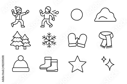 Winter Snowball Icons. Winter Snowball Fight. Line outline icon set of Winter Snowball Fight: kids throwing