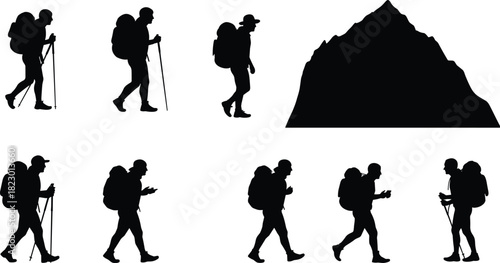 Hiking silhouettes, mountain peak, trekking, backpackers, outdoor adventure, climbing, wilderness exploration, nature travel, hikers with poles, scenic landscape illustration