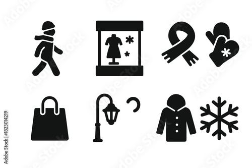 Winter Stroll Icons. Winter evening stroll. Filled icon set of winter evening stroll: person walking, window