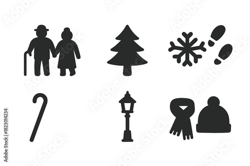 Winter Stroll Icons. Winter stroll silhouettes. Filled icon set of winter stroll silhouettes: elderly couple,