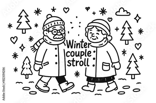 Winter Stroll Doodle. Winter couple stroll. Hand-drawn doodle illustration of winter couple stroll. Elderly