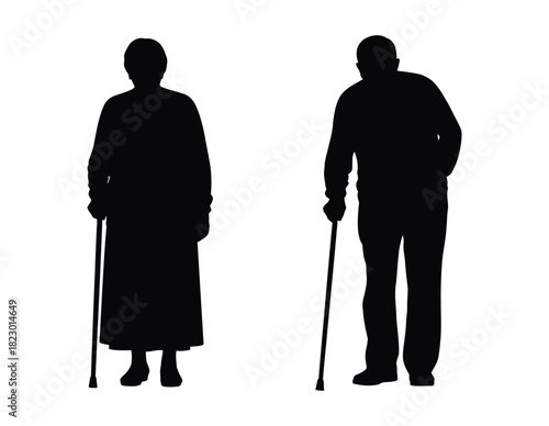 Elderly Couple with Walking Sticks Silhouettes - Senior Citizens, Aging & Support