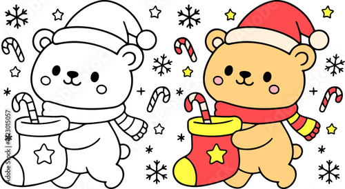 Adorable christmas bear illustration festive holiday decor whimsical setting for kids black and white design enchanting christmas spirit playful and fun atmosphere