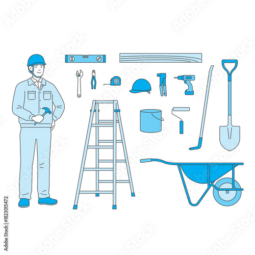 Set of construction, carpentry, and DIY tools and a worker