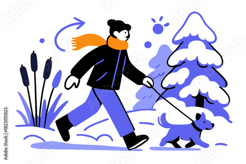 Winter Walk Bliss. Frozen nature. Person walking a small dog near frozen reeds and trees heavy with snow. Warm