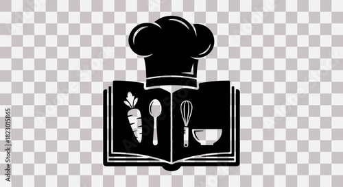 Black silhouette of chef hat open cookbook with kitchen utensils and ingredients
