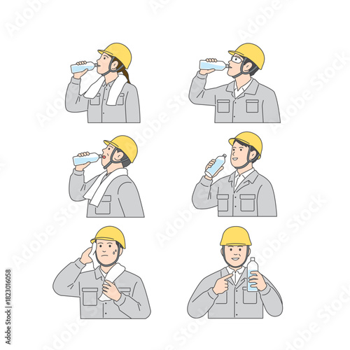 建設・工場作業員のセット：作業服とヘルメット姿のポーズ