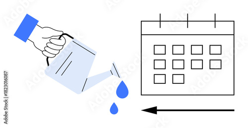 Growth concept. Hand pouring water from a watering can with droplets falling, accompanied by a calendar to time and nurturing growth. Perfect for productivity, planning, sustainability, education