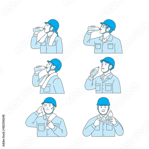 建設・工場作業員のセット：作業服とヘルメット姿のポーズ