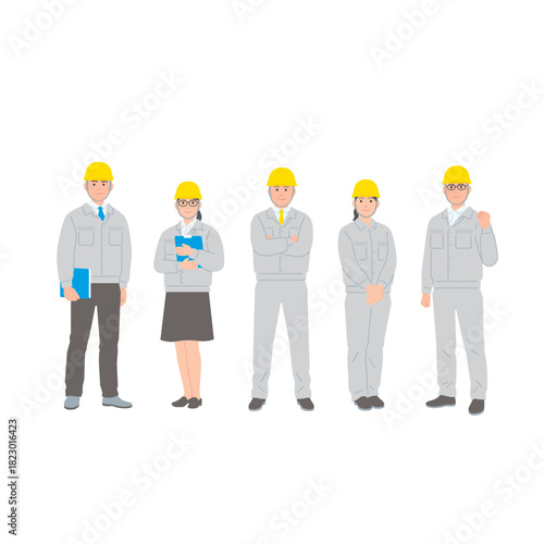 建設・工場作業員のセット：作業服とヘルメット姿のポーズ