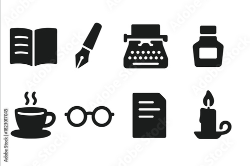 Writer's Desk Icons. Writer?s desk. Filled icon set of writer?s desk: open notebook, fountain pen, typewriter,