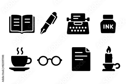 Writer's Desk Icons. Writer?s desk. Filled icon set of writer?s desk: open notebook, fountain pen, typewriter,