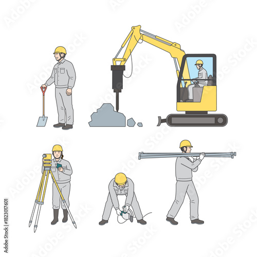 建設・大工・DIY用工具と作業員のセット