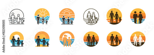 Stylized family icons: parent-child silhouettes at sunset