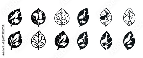 Black and white animal silhouettes inside leaf designs