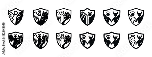 Set of monochrome heraldic shields with angels and demons in various styles