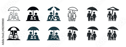 Umbrella icons: family and couples under parasols in various styles