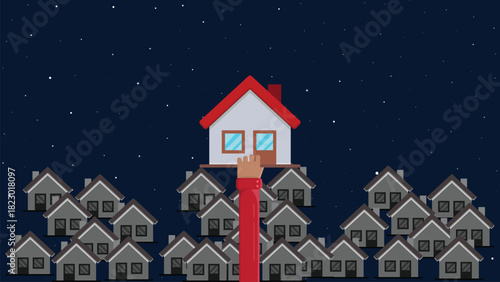 Flat Design Real Estate House Selection Illustration for Marketing Background with Red Roof Highlight and Night Sky Stars Featuring Hand Choosing Unique Home Among Grey Houses