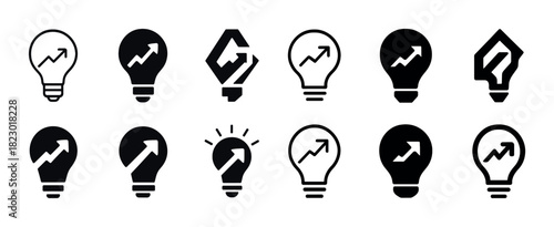 Creative light bulb icons with growth arrows in various designs
