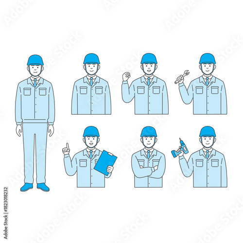 建設・工場作業員のセット：作業服とヘルメット姿のポーズ
