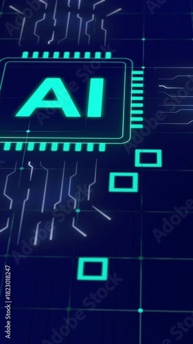 A clean vertical motion graphic featuring an AI processor chip icon with subtle data flow and abstract shapes, great for modern technology content.