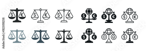 Currency symbols on scales illustrating financial balance and global economy