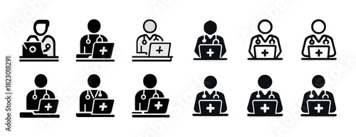 Medical professional icons set with diverse genders and devices