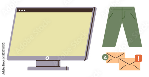 Computer monitor, pair of green trousers, incoming email notifications. Ideal for remote work, communication, casual lifestyle, technology, multitasking, digital habits simple flat metaphor