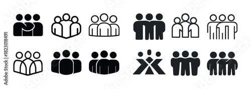 Minimalist icon set of diverse group people symbols in black and white