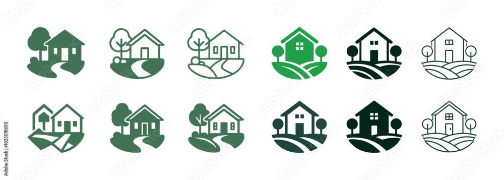Naklejka premium Collection of green home icons with nature elements in various styles