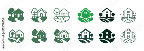 Collection of green home icons with nature elements in various styles