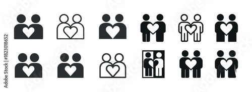 Icon set of couples with hearts and diverse relationship concepts