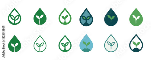 Collection of green leaf icons in various teardrop designs