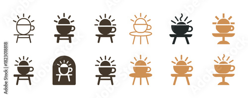 Coffee sunrise icons: minimalist designs in various colors and styles