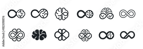 Brain and infinity symbol icons set in black and white