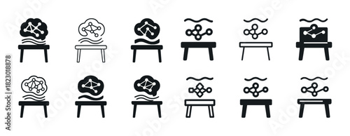 Cloud networking icons on desks - simplified black and white vector set