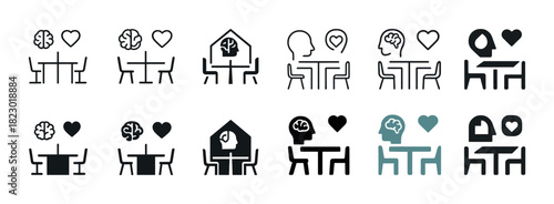 Icon set: brain and heart conversations at table in various styles