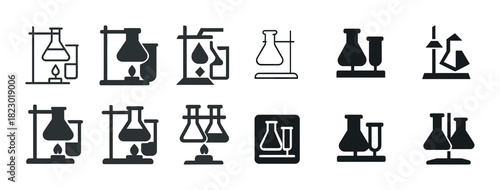 Science lab equipment icons set: flasks, beakers, burners, chemistry symbols