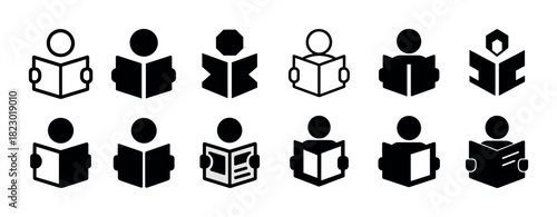 Diverse book reading icons in various styles