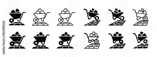 Set of wheelbarrow icons with bricks in various styles
