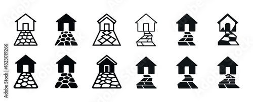 Set of twelve black and white house icons with pathways