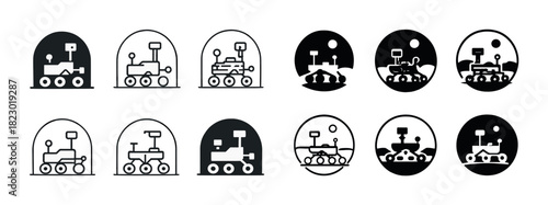 Set of black and white space rover icon designs for exploration