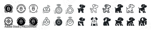 Icon set of robot vacuums and dogs in various styles and poses