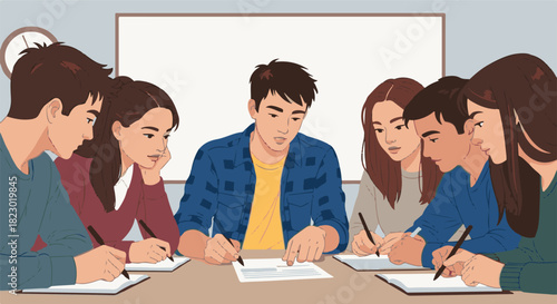Young adults studying and collaborating, writing notes around a table, showing focused teamwork in an educational environment for academic success