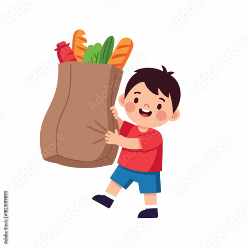 Happy little boy carrying a large brown grocery bag filled with fresh food items.