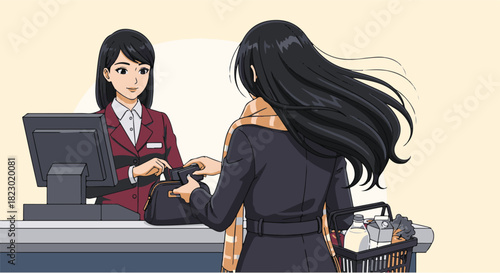 A customer at a checkout counter, holding a wallet, is being served by a cashier