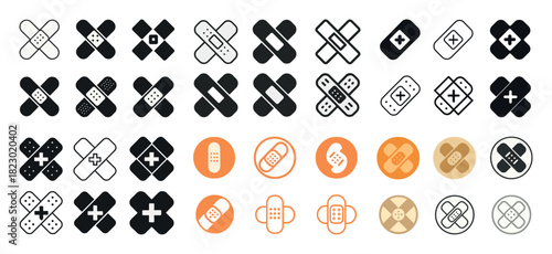 Collection of diverse bandage icon designs in various styles and colors