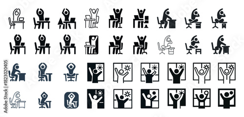 Icon set of people working and celebrating in office environments
