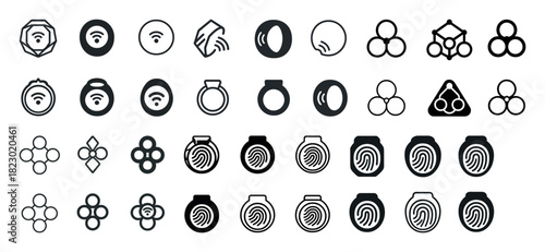 Monochrome wireless and biometric technology icons set