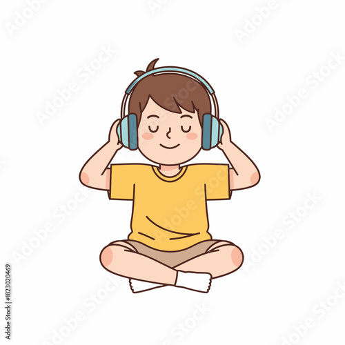 Boy with Headphones Meditating in Lotus Position.